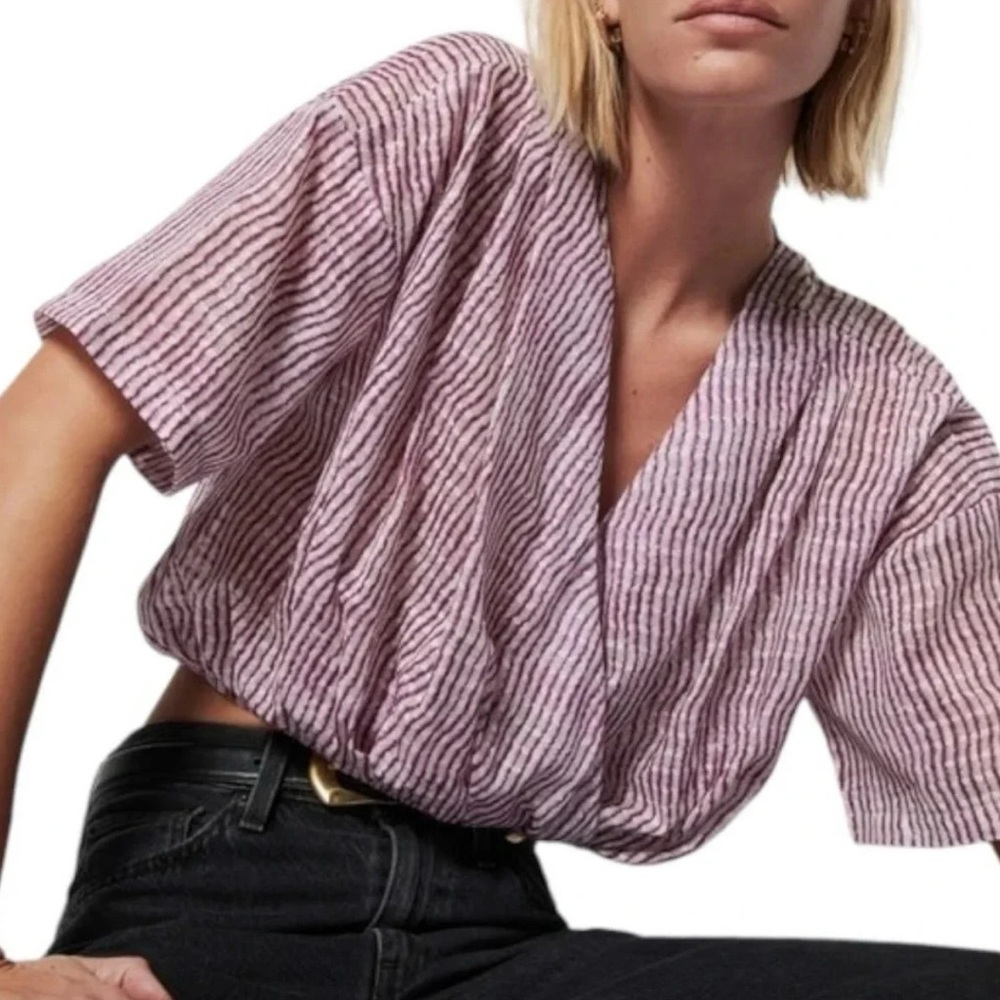 NATION LTD | NWT Josephine Faux Wrap Top | Wavy Stripe Short Sleeve Cropped | S
